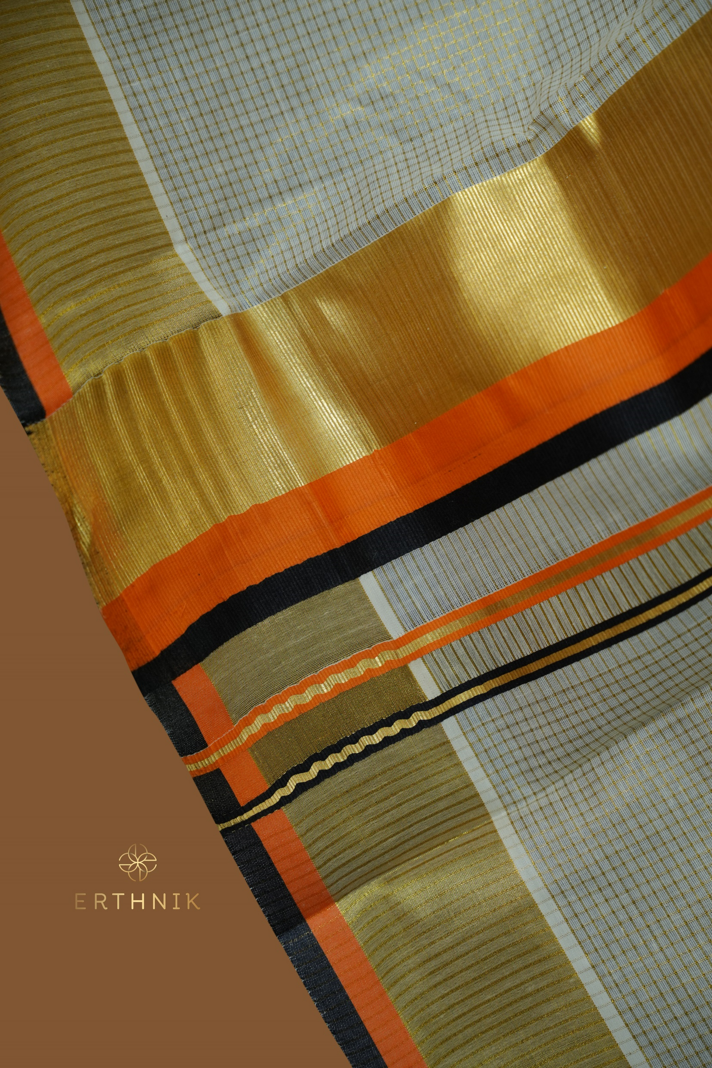 Erthnik™ Kerala Set mundu – Golden Kasavu with Orange & Black Stripe Border