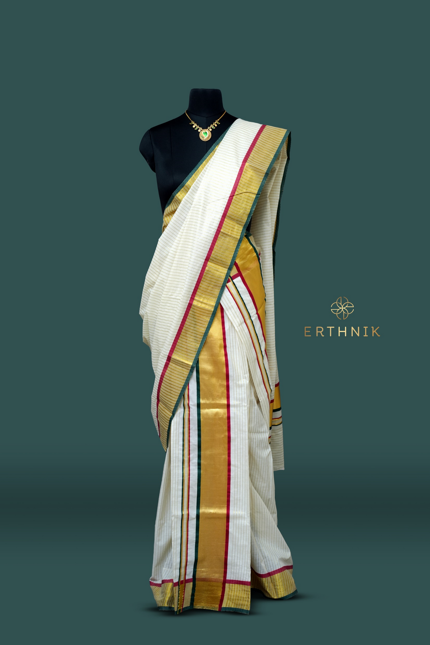Erthnik™ Kerala Cotton Powerloom Saree – Multicolour Stripe with Golden Kasavu Border