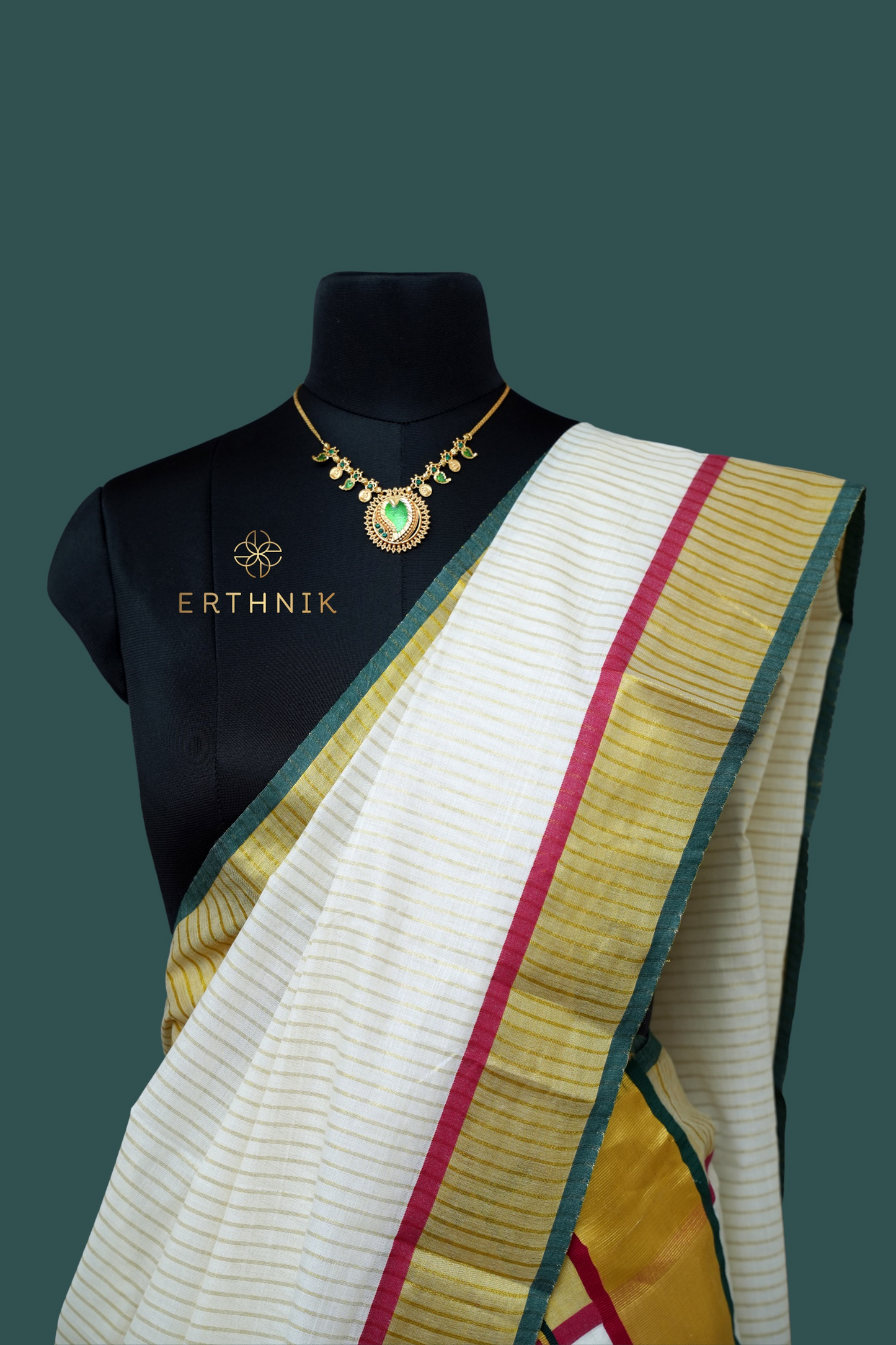 Erthnik™ Kerala Cotton Powerloom Saree – Multicolour Stripe with Golden Kasavu Border