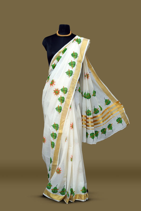 Erthnik™ Kerala Cotton Saree – Leaf Motif with Kasavu Border