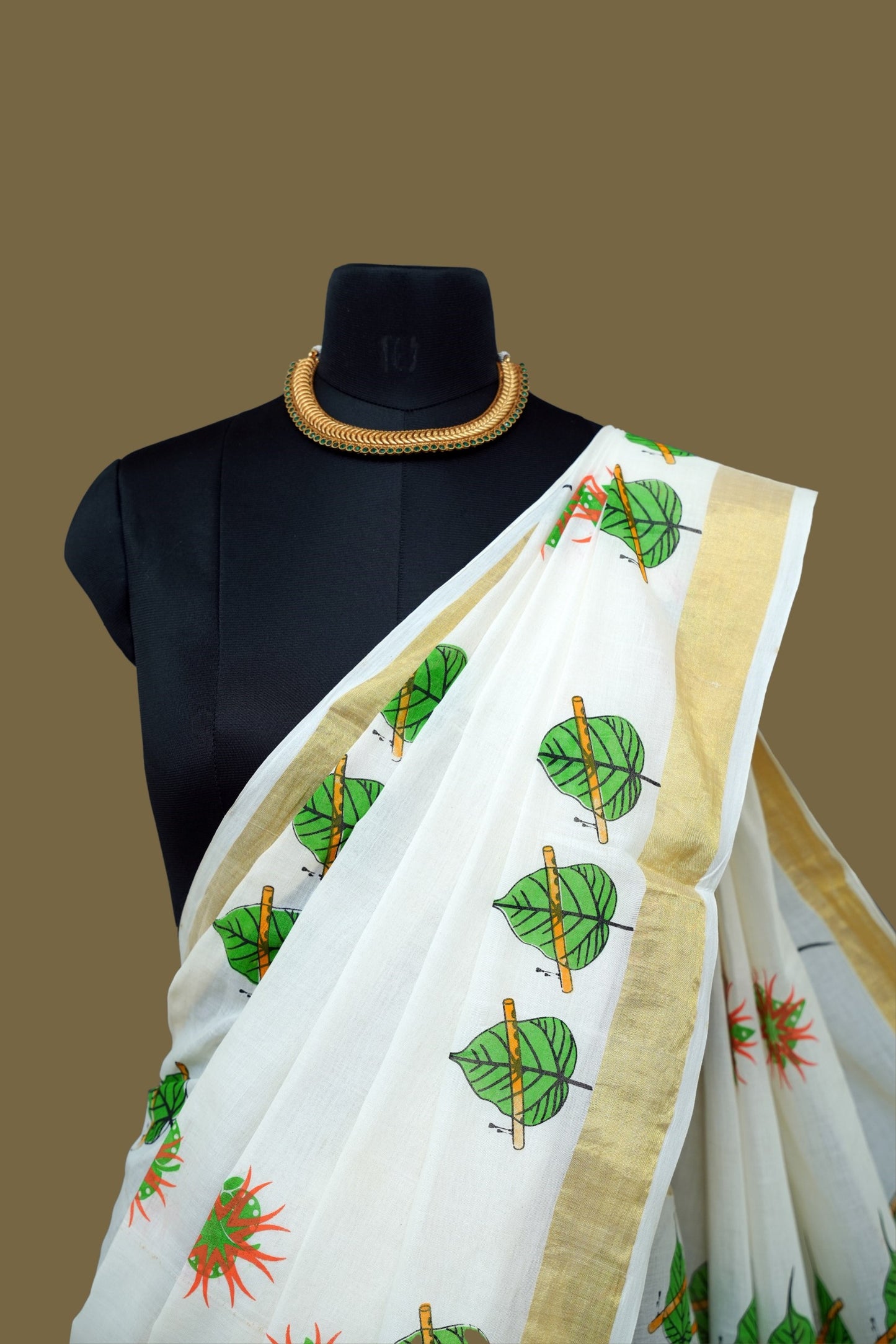 Erthnik™ Kerala Cotton Saree – Leaf Motif with Kasavu Border
