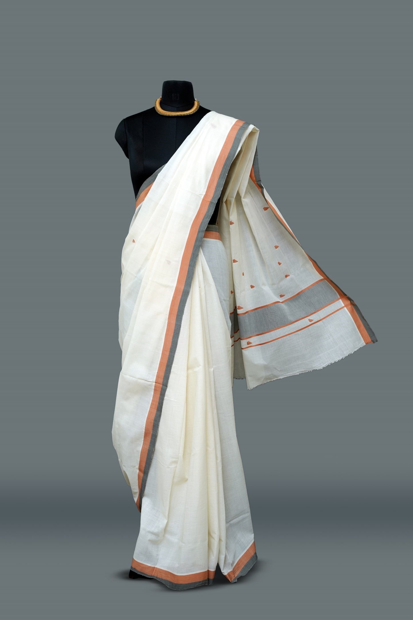 Erthnik™ Kerala Cotton Saree – Off-White with Rust & Grey Border