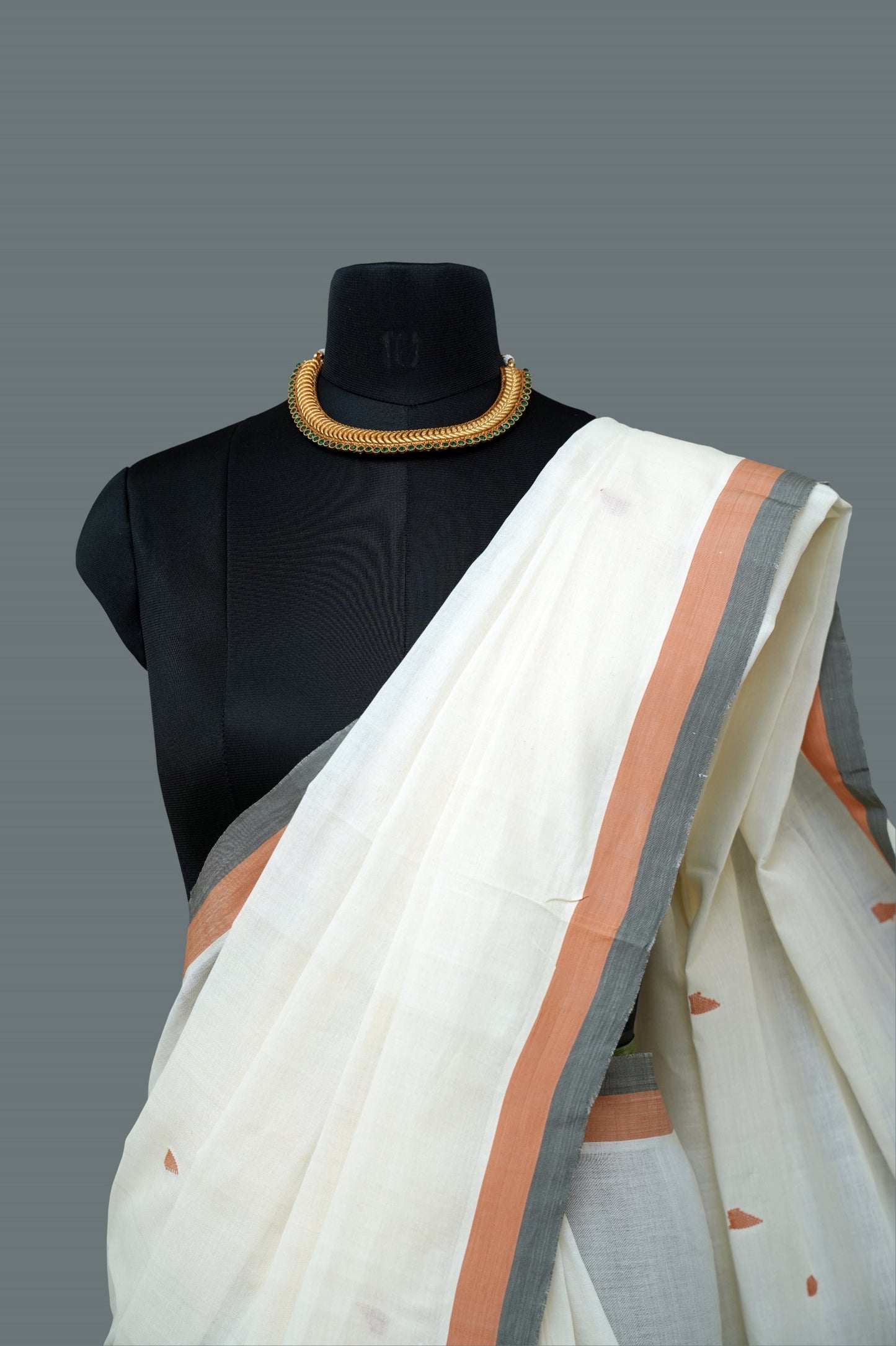 Erthnik™ Kerala Cotton Saree – Off-White with Rust & Grey Border