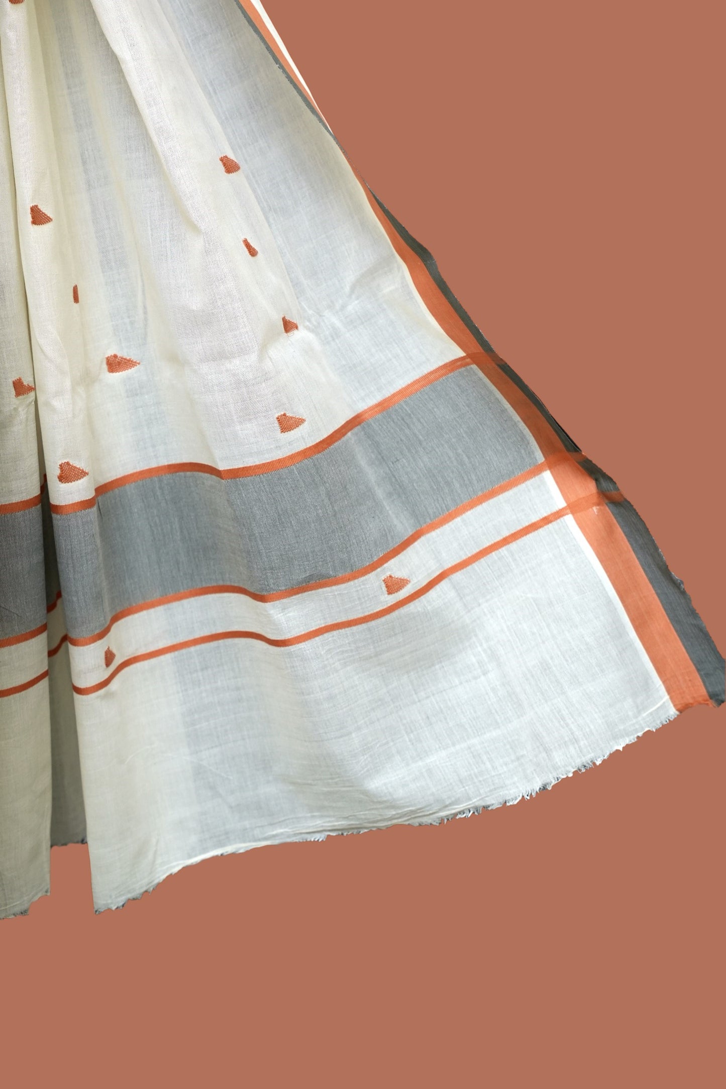 Erthnik™ Kerala Cotton Saree – Off-White with Rust & Grey Border