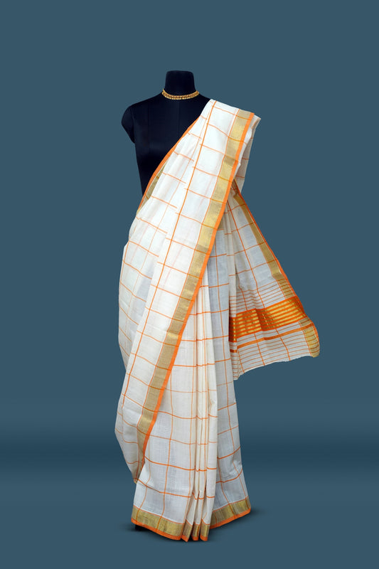 Erthnik™ Kerala Cotton Saree – Checked Design with Orange & Gold Border
