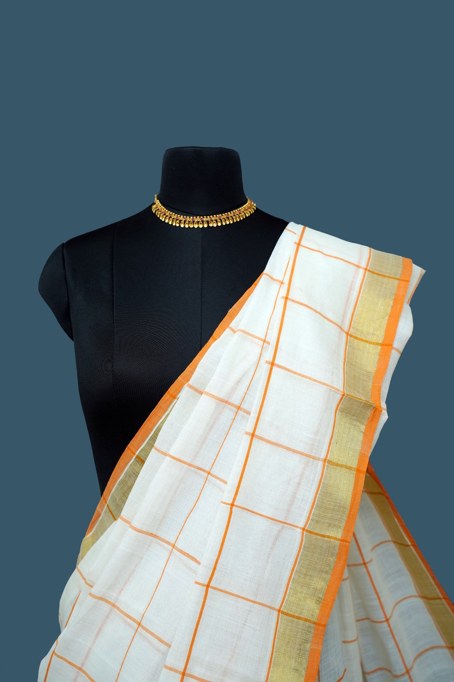 Erthnik™ Kerala Cotton Saree – Checked Design with Orange & Gold Border