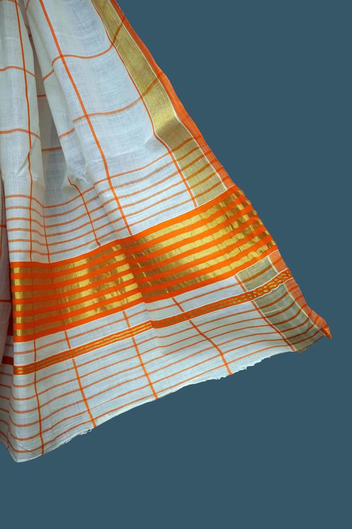 Erthnik™ Kerala Cotton Saree – Checked Design with Orange & Gold Border