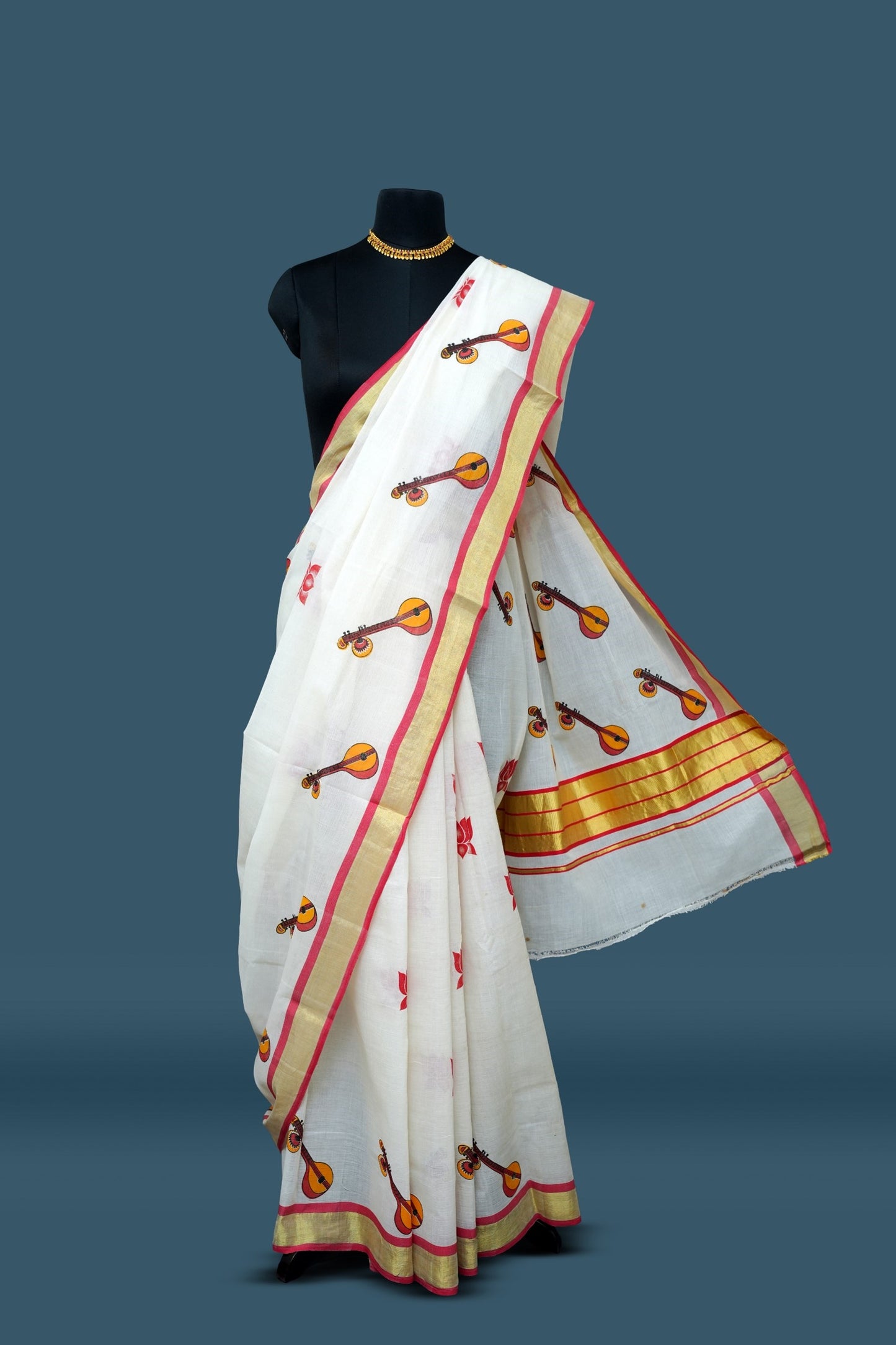 Erthnik™ Kerala Cotton Saree – Veena Motif with Red & Golden Kasavu Border