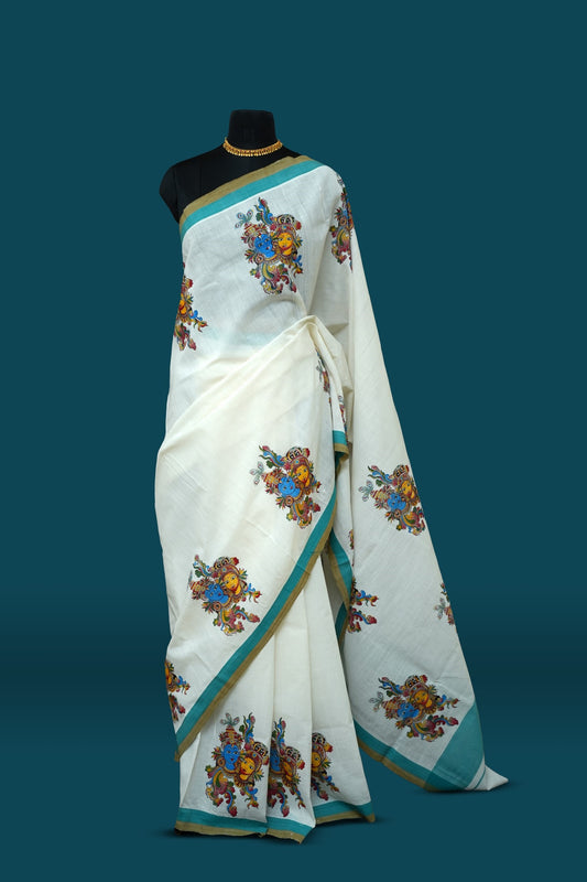 Erthni™k Kerala Cotton Saree – Mural Motif with Teal & Mustard Green Border