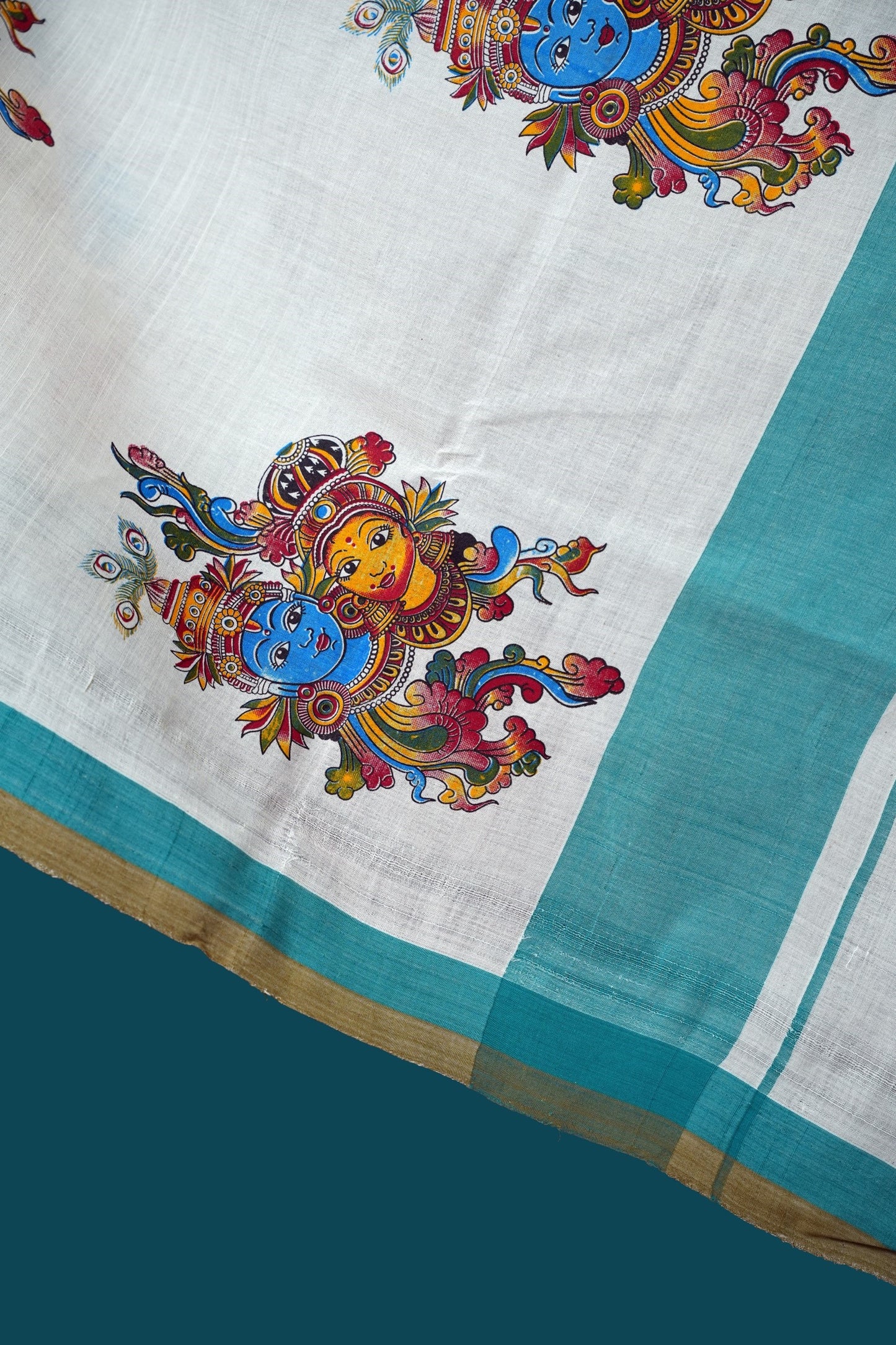 Erthni™k Kerala Cotton Saree – Mural Motif with Teal & Mustard Green Border