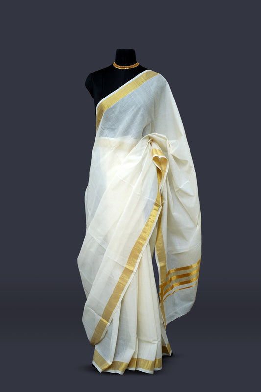 Erthnik™ Classic Kerala Set Saree – Golden Kasavu Border