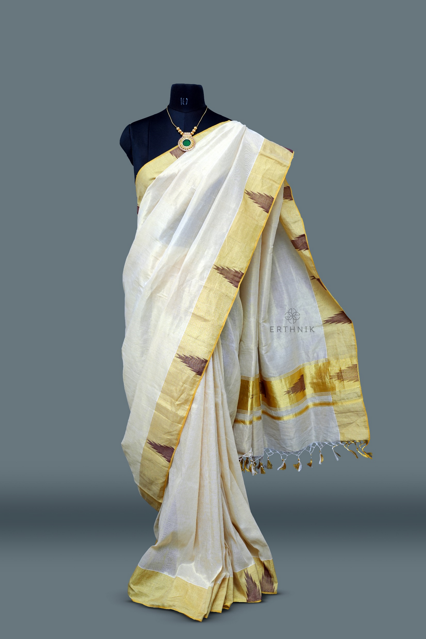 Erthnik™ Balaramapuram Bridal Collection – Handloom Kerala Tissue Saree with Golden Kasavu & Copper Template Border