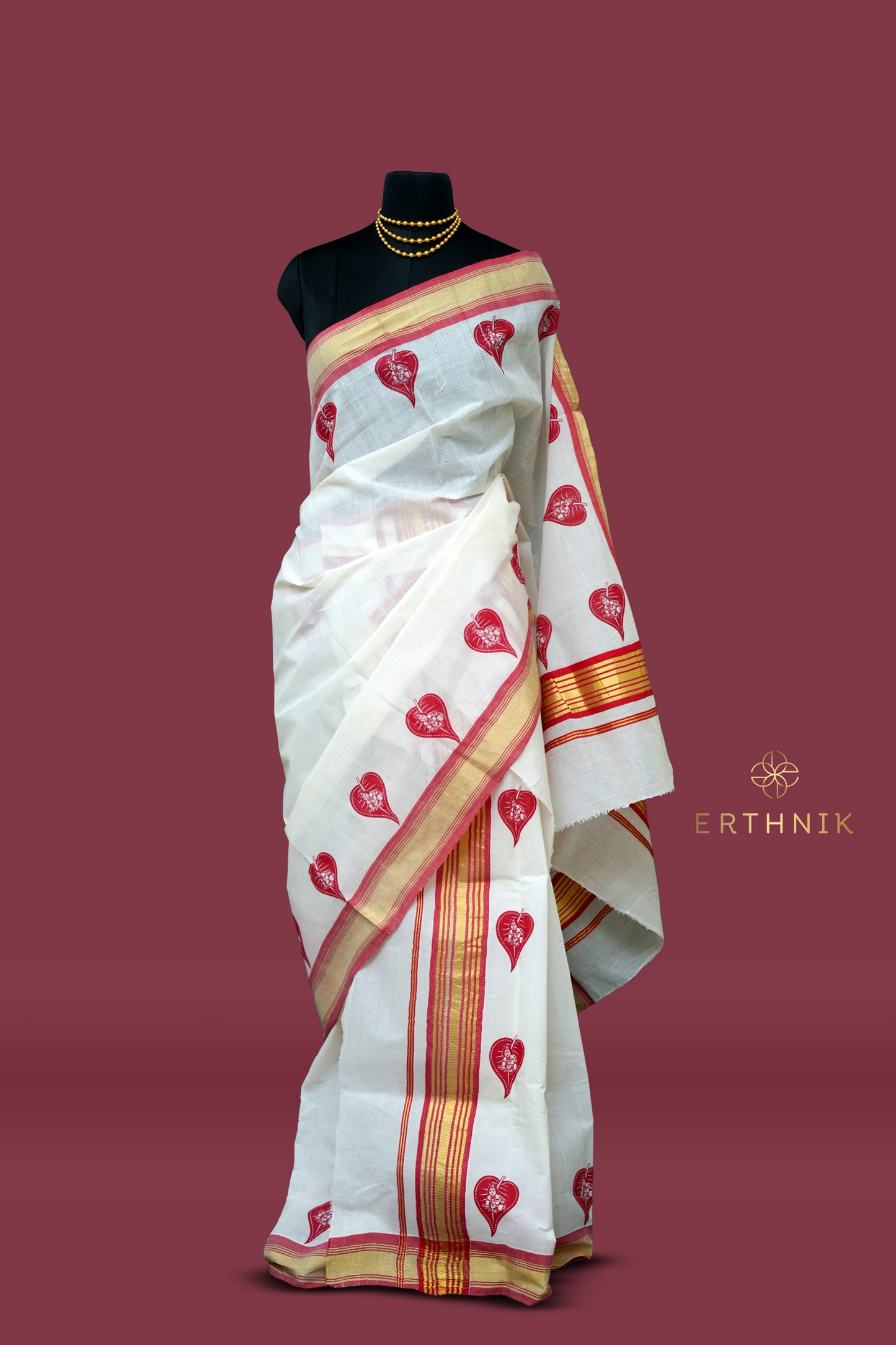 Erthnik™ Handloom Kerala Set mundu – Peepal Leaf Motif with Golden Kasavu and Maroon Kara Border (Copy)
